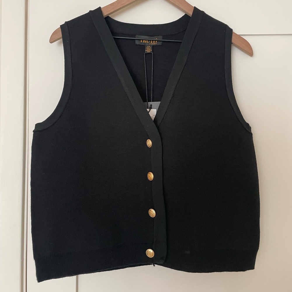 Black Button-Up Knit Vest with Gold Buttons